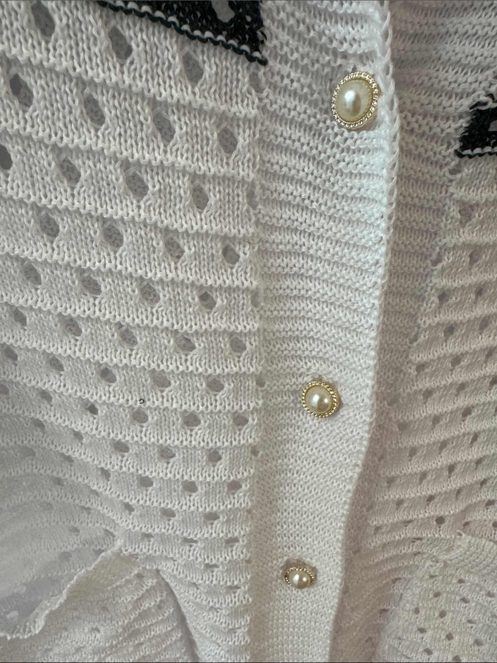 Pearl-Button White Knit Cardigan with Openwork Stitch - Picture 2 of 10